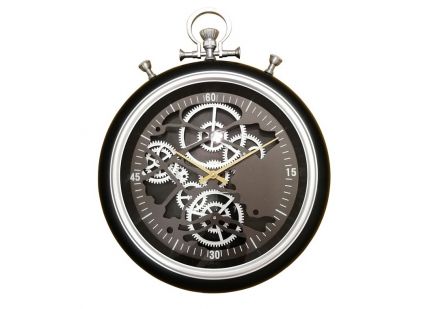 PE1857 - Pendule Chrono mécanisme engrenage Noir et Argent D.50cm