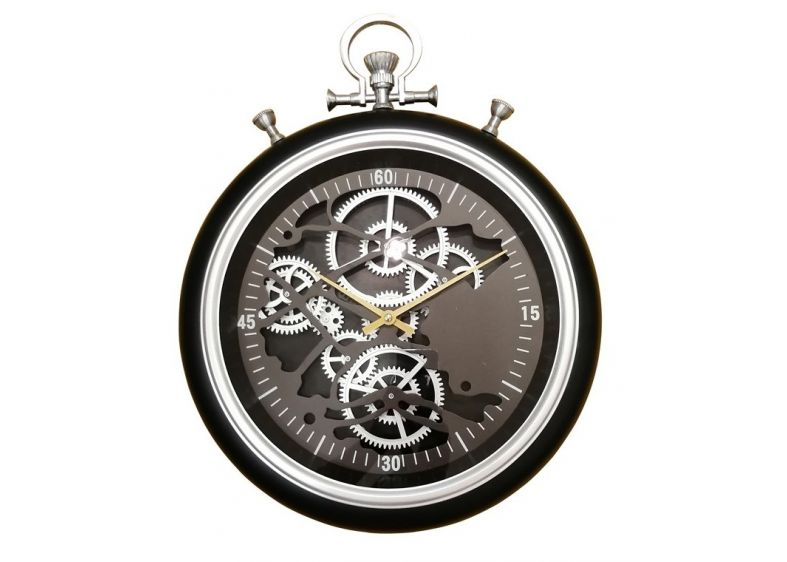 PE1857 - Pendule Chrono mécanisme engrenage Noir et Argent D.50cm