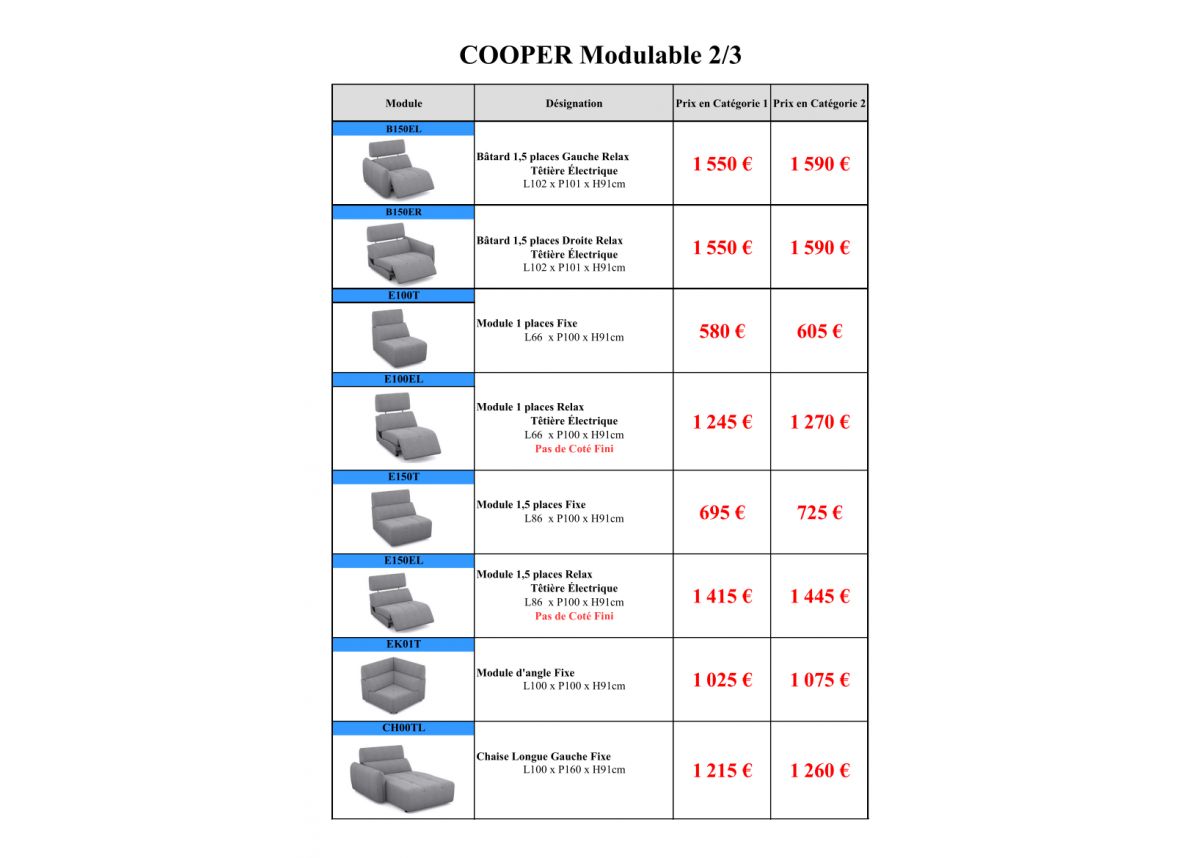 COOPER - Canapé 3 Places Relax Electrique en Tissu COOPER - Canapé 3 Places Relax Electrique en Tissu