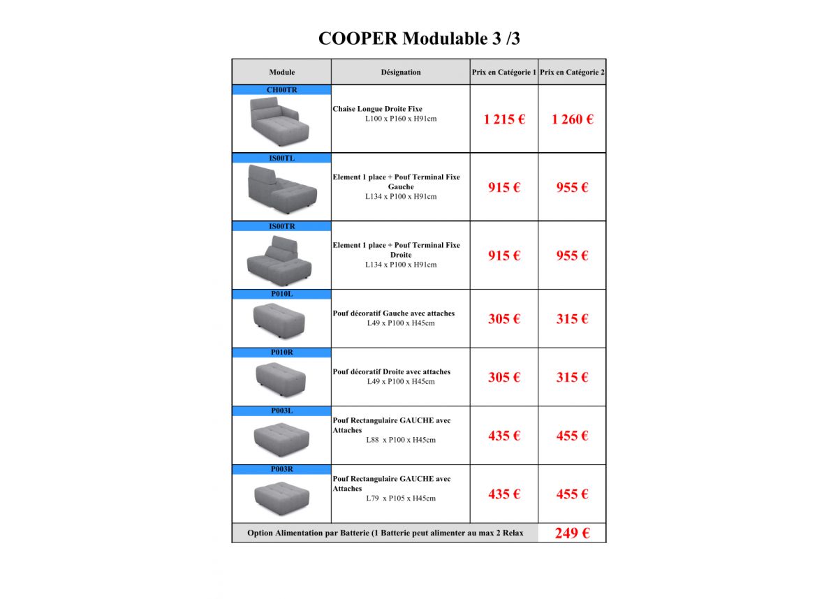 COOPER - Canapé 3 Places Relax Electrique en Tissu COOPER - Canapé 3 Places Relax Electrique en Tissu