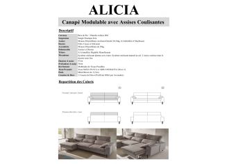 ALICIA - Canapé 3 Places en Tissu avec Assises Coulissantes Assises de 100cm